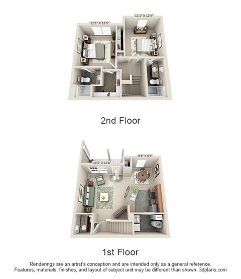 Floor plan for 2 beds, 2.5 baths, 1117 sqft